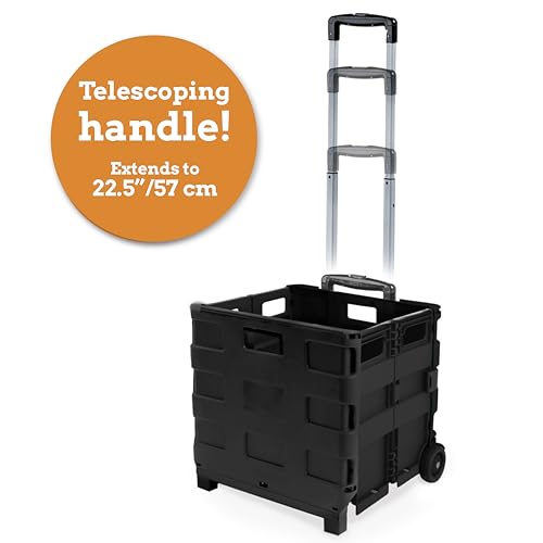 Inspired Living Collapsible Ultra-Slim Pack-N-Roll, 2 Wheel Utility Cart , With Telescopic Handle - Super Strong up to 80 Lbs Load Capacity, Black - color: Black, size: Large/ No Lid