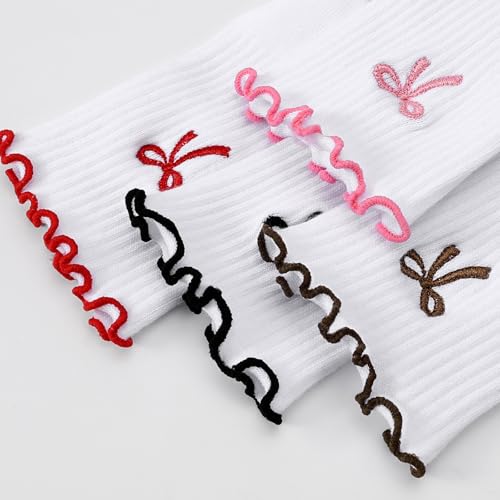 Women's Pilates Grip Socks, Ruffle Non Slip Bow Pattern Yoga Socks | Grippy, Frilly Trim, Embroidery, Crew Length, Soft Cotton, Arch Support, for Barre Ballet Dance Workout Hospital Home Gifts - color: B09-bow-white+black