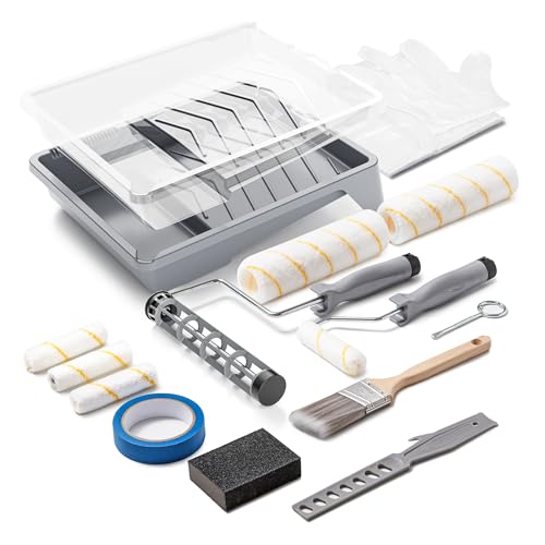 VOOMEY 17 Piece Paint Roller Kit, 9" & 4" Rollers with Tray & Brushes | Includes Roller Frames, Microfiber Covers, Tray and Brushes for DIY House Painting, Walls, Ceilings and Home Projects - style: 17pcs paint roller kit
