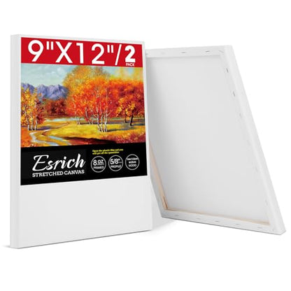 ESRICH Stretched Canvas for Painting, 2 Pack 9x12 Inch Canvas Value Pack,Primed Acid-Free Cotton Blank Canvases, Painting Canvas for Oil & Acrylic Paint. - size: 9x12in