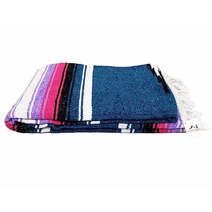 Open Road Goods Mexican Diamond Blanket - XL Heavyweight Yoga Blanket – Handmade in Mexico - Thick Boho Serape Saltillo Style Throw for Beach, Picnic, Home, Camping and More! (Aegean Blue & Pink) - color: Aegean Blue & Pink