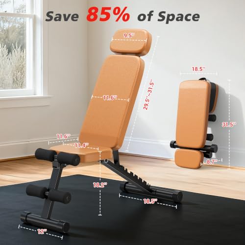 XDDIAS Workout Bench, 10 Backrests Adjustable Weight Bench with Extended Headrest, 800LBS Foldable Weight Bench for Home Gym, Incline Decline Flat Bench Compact for Small Space Training