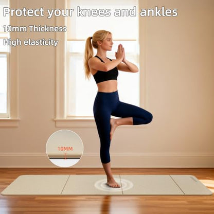 Foldable TPE Yoga Mat Thick 10mm,75" x40"Extra Large Exercise Mats | Stretch Mat Non-slip Fitness Folding Mat Easy to Carry,Wide Gym Mats for Women Men Suitable for Home Workout Travel Pilates - color: Beige