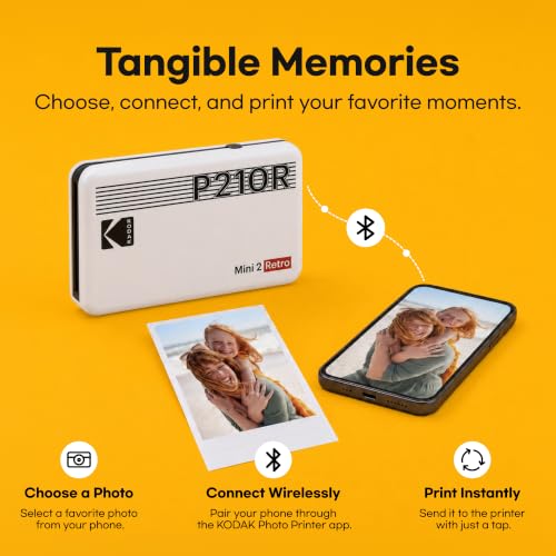 KODAK Mini 2 Retro 2x3 Portable Photo Printer, 4PASS, 38 Sheets, White | Bluetooth, iPhone & Android Smartphone Compatible, Smudge-Proof, Water-Resistant, Fade-Resistant - color: White, size: Printer + 38 Sheets