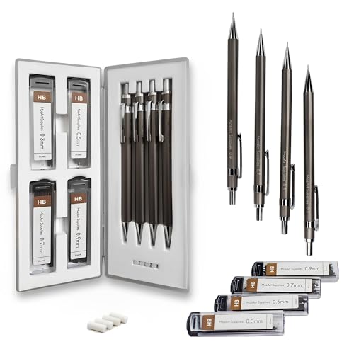 MozArt Mechanical Pencil Set 4 Sizes 0.3 0.5 0.7 0.9mm HB Lead Nickel | 30 HB Lead & Eraser Refills – Sketch, Drafting, Art & Drawing for Artists, Students & Architects – Nickel Metal Grip - color: Metallic