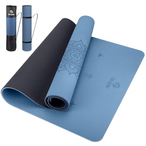 Gruper Yoga Mat Non Slip TPE Extra Wide Yoga Mat with Alignment Mark, 72"L x 32"W x 0.32"/0.24"Th (183cm x 80cm x 8mm/6mm), Anti-Tear Exercise Mat with Carrying Strap and Bag, Workout Mats for Yoga, Pilates - color: Blue Black, size: 0.32*32*72 Inches