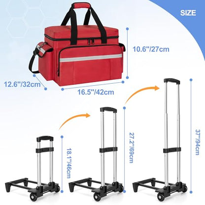 Trunab Rolling Medical Bag with Trolley & Dividers, Nurse Responder Tote - color: Red
