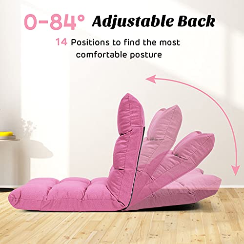 Giantex Adjustable Floor Gaming Sofa Chair 14-Position Cushioned Folding Lazy Recliner High Resilience Sponge, Breathable Cotton & Linen Fabric Sleeper Bed Couch Recliner (Pink) - color: Pink