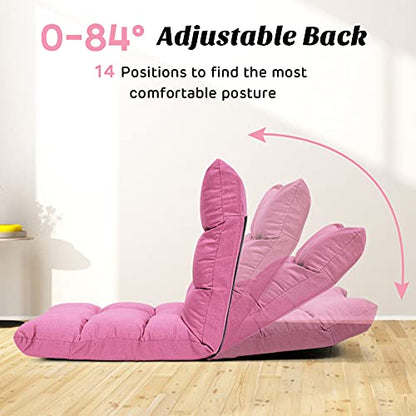 Giantex Adjustable Floor Gaming Sofa Chair 14-Position Cushioned Folding Lazy Recliner High Resilience Sponge, Breathable Cotton & Linen Fabric Sleeper Bed Couch Recliner (Pink) - color: Pink