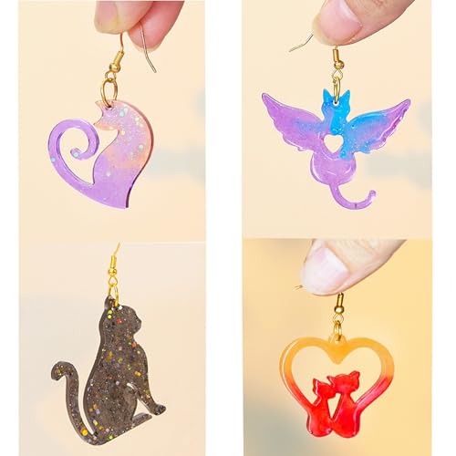 4 Piece Resin Earring Molds ， 60 Unique Shapes UV Cat Resin Molds with Holes Ideal for DIY Silicone Earrings Necklaces Jewelry and Animal Designs Creative Art Gifts - color: Cat