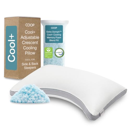 Coop Home Goods Cool+ Crescent Adjustable Pillow, Queen Size Plus Shaped Memory Foam Pillows with Cooling Gel, Neck Support, Back or Side Sleeper Pillow, CertiPUR US/GREENGUARD Gold - color: Crescent, size: Queen