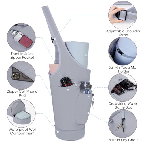 sportsnew Yoga Mat Bag, Large Opening Long Tote Yoga Mat Carrier Holder Bag with Waterproof Wet Pocket and Drawstring Water Bottle Pocket, Adjustable Shoulder Strap Storage Bag, patent pending - color: Grey