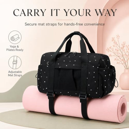 Small Mini Gym Bag for Women, Compact Duffle Overnight Bag - color: Black with Dot