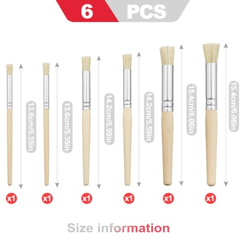 6 Pcs Wooden Stencil Brush Set, Natural Hog Bristle Stipple Brushes, Multi-Size Painting Tools for Acrylic Oil Watercolor DIY Craft Art