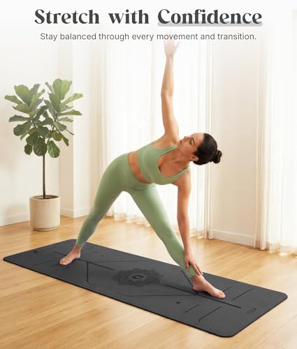 ROMIX Pro Yoga Mat With Alignment Lines, 6Mm Thick Non-Slip Exercise Mat | 72 x 24 In TPE Large Pilates Mat For Home Workout, Stretching, Training, Meditation, Carry Bag Included For Women And Men - color: Black