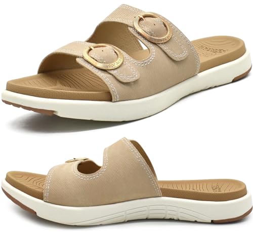 COFACE Womens Orthotic Slides Comfort Plantar Fasciitis Arch Support Slip on Flat Sandals Ladies Soft Cushion Fashion Yoga Mat Slippers With Adjustable Straps - color: Beige, size: 8.5