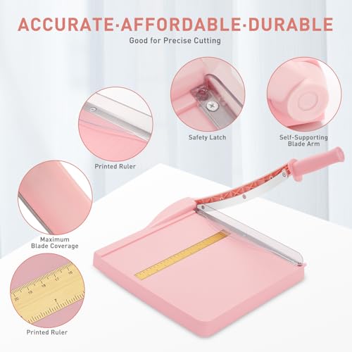 Paper Cutter, Paper Slicer with Safety Guard and Blade Lock, 12" Cut Length Guillotine Paper Cutter with 16 Sheet Capacity, Paper Cutters and Trimmers for Cardstock Cardboard (Pink) - color: Pink
