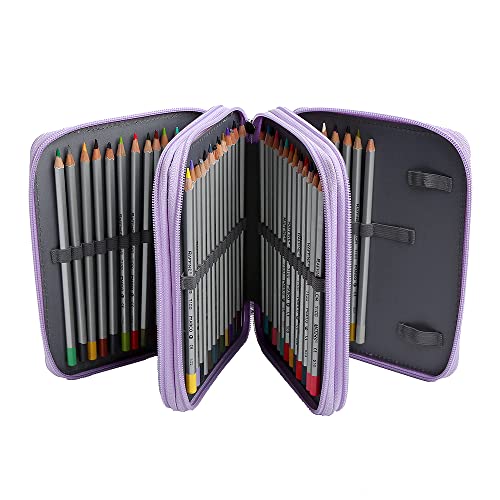 72 Slots Pencil Case Organizer w/Removal Handle Strap | 3-Layer Zipped Pencils Box Large for Colored Pencils Watercolor Pencils for Office and Travel for Artist - color: Purple