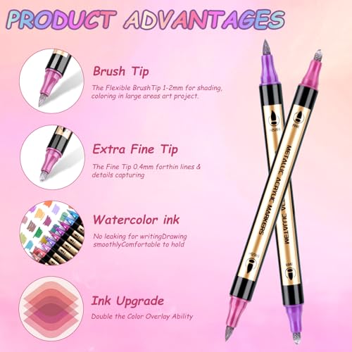 Metallic Marker Pens, 12 Colors Dual Tip Metallic Acrylic Paint Markers for for Black Paper, Rock, Fabric, Glass, Wood, Acrylic Paint Pens Markers Set for Coloring Books for Adults - color: 12 Colors