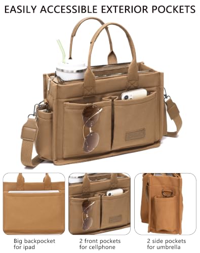 ZHMO Canvas Tote Bag for Women,Women's Bags Crossbody Bags Work Laptop Tote Bag Large Handbags Purse for Travel Nurse Teacher - color: New Upgrade Brown With Compartments and Side Cup Holders