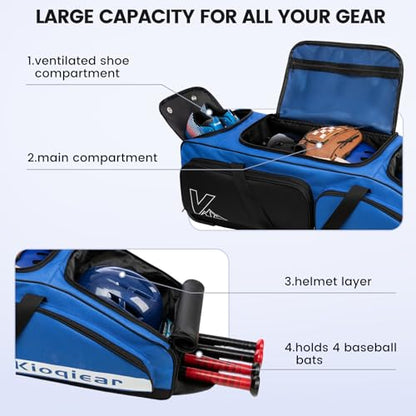 Catchers Gear Bag with Wheels for 4 Bats, 80L Rolling Baseball Bag - color: Blue