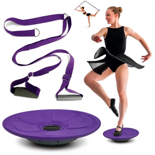 Cheer Flyer Stunt Trainer Balance Board & Leg Stretching Strap 2 Pc Set | For cheer flyers, dance, ballet, gymnastics, flexibility, stability, core strength and home practice - color: Purple