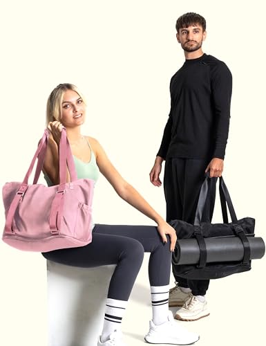 Yoga Mat Carrier: Extendable, Built-In Mat Straps & Laptop Pocket. Carry All Yoga Gym Work Accessories. Large Yoga Gym Tote Bag for Women & Men - color: Pink
