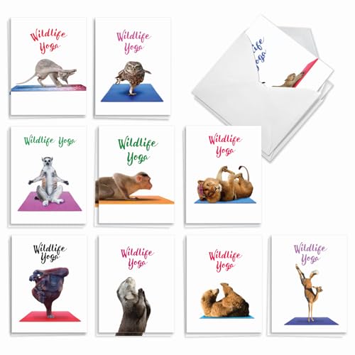 The Best Card Company - 20 Blank Yoga Animal Cards (4 x 5.12 Inch) - All Occasion Set (10 Designs, 2 Each) - Wildlife Yoga AM7030OCB-B2x10 - style: Wildlife Yoga