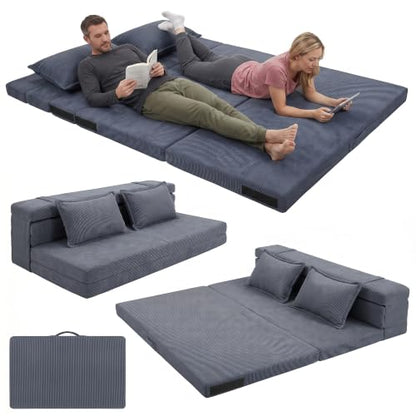 Tri-Fold Futon Mattress, Foldable Floor Mat (Navy Blue) - color: Navy Blue, size: Queen (80"L x 60"W x 3"Th)