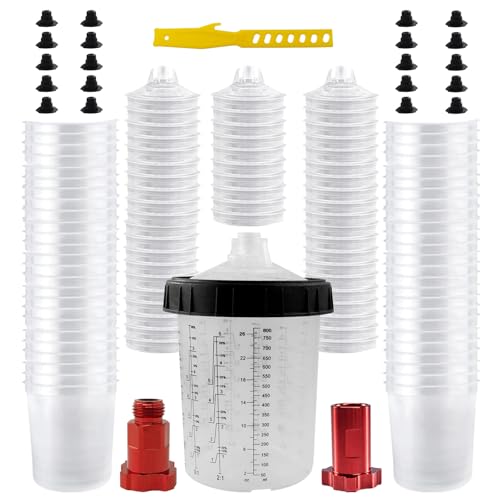 RRJ Disposable Paint Cup Automotive Spray Gun Paint System, for LVLP/HVLP Spray Gun Kit 27 Ounce(800ML) Mixing Cups with 50 Liners and Lids, 1 Hard Cup with Retainer Ring, 2 Adapter, Stirrer - color: 27 Ounce (800ml) Kit-50PCS