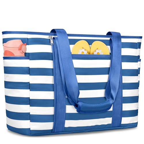 Extra Large Beach Bags for Women, Waterproof Sandproof Beach Tote Bag Foldable Swim Pool Bag with Zipper and Wet Pocket - color: Navy Blue White 01