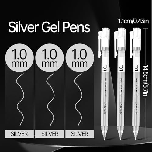 GETHPEN Silver Gel Pens, 1.0mm Extra Fine Opaque Archival Ink Pens, 3 Pack | Metallic Silver Gel Pens for Black Paper Drawing, Art Coloring, Sketching, Adult Coloring, Cards, Journaling, Illustration - size: 1.0 mm, style: 3 Pack Silver