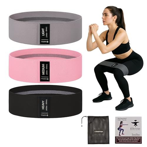 BodyForge Resistance Bands for Working Out, 3 Booty Bands for Women Men Fabric Elastic Bands for Exercise Bands for Legs Bands for Working Out Hip Thigh Glute Bands Set & with Carry Bag & Manual - color: Black-Pink-Light Grey, size: 4 Pack