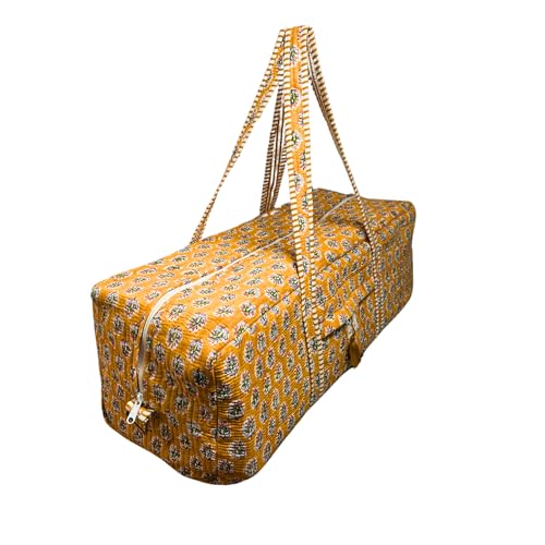 Large Capacity Handblock Printed Yoga Mat bag for Women, Gym Bag, Fits Yoga Blocks, Adjustable strap, Pilates, Gym, Fitness Block & Gear, Light and Durable - color: Marigold Earth