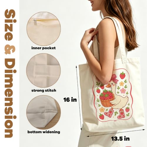 VICBOU Gator Goose Chicken Canvas Tote Bag for Women Girls, Cute Shoulder Bag with Pocket for Beach Shopping Work - color: Cutegoose