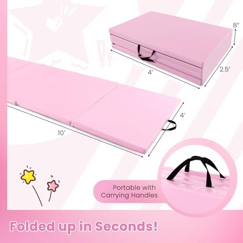 Giantex 4'x10'x 2" Gymnastics Mat, 4-Panel Folding Aerobics Exercise Mat w/Hook & Loop Fastener, Carrying Handle, Portable Tumbling Mat for Stretching Yoga Cheerleading Martial Arts - color: Pink