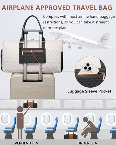 Women Weekender Travel Duffle Bag: Travel Duffel Overnight Bags with Shoe Compartment Large Carry on Tote with Toiletry Bag Weekend Traveling Yoga Gym Hospital Bag for Women with Wet Pocket - color: 10-Black Beige Brown, size: Large