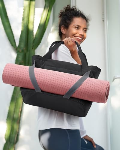 BAGSMART Tote Bag for Women with Zipper and Yoga Mat Straps - color: Black