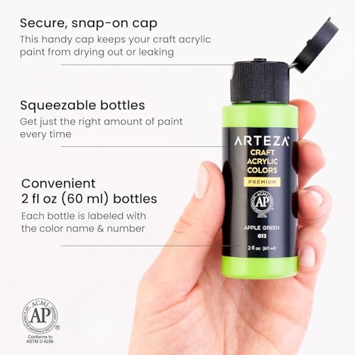 ARTEZA Craft Acrylic Paint, 2 ounce Bottles, Water-Based, Matte Finish Paints, Art Supplies for Glass, Wood, Ceramics, Fabrics, Leather, Paper - style: Basic Colors