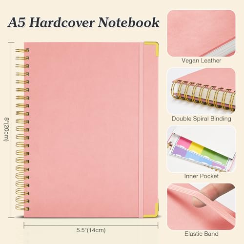 Blank Spiral Notebook: Leather Sketch Book, Unlined Notebook for Women Men | 300 Pages, Hardcover 100GSM Thick No Bleed Paper Journal, A5 Small Art Sketchbook for Drawing Writing Work, 5.5" x 8", Pink - color: Pink, size: A5