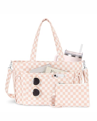 NPBAG Corduroy Tote Bag for Women with 9 Pockets & 40oz Cup Holder, Laptop Work Purse for Teacher Nurse, Travel College Bag - color: Brown Checkered