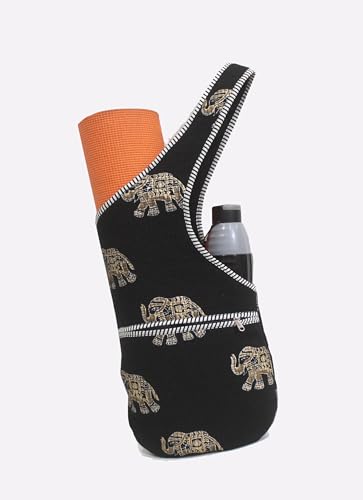 INDIAN CRAFT CASTLE Yoga Mat Bag | Tote Mat Bag | Sling Yoga Tote w/Large Side Pocket & Zipper Pocket | Yoga Mat Carrier Fits Most Size Mats - color: Black & Brown