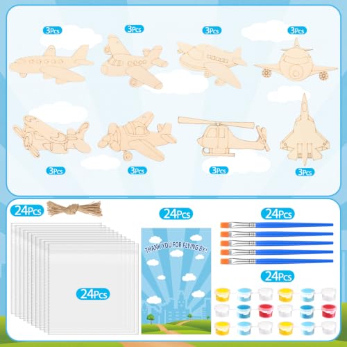 Saypacck 24 Pcs Airplane Party Favors Wooden Paint Craft Kits | DIY Painting Activity for Kids Parties, Includes Paints and Brush per Set, Goodie Bag Stuffers, Aviation Theme Projects - style: Airplane