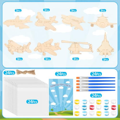 Saypacck 24 Pcs Airplane Party Favors Wooden Paint Craft Kits | DIY Painting Activity for Kids Parties, Includes Paints and Brush per Set, Goodie Bag Stuffers, Aviation Theme Projects - style: Airplane