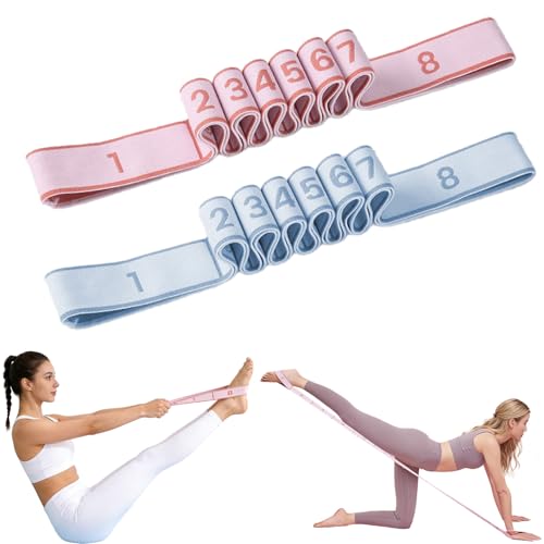 2-Pack Fitness Resistance Band for Stretching and Yoga, 8-Section Digital Yoga Strap with Numbered Loops, Light Blue & Pink Elastic Exercise Bands for Home Workouts