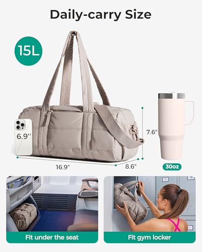 BAGSMART Reiki Gym Bag for Women Puffy Yoga Mat Travel Weekender Duffle Bag | Lint-Resistant Lining, Wet-Dry Pocket & Anti-Slip Mat Loop, Ultra-Light, Roomy for Workout Gear, Water Bottle, Travel, Sports - color: 15L-Black, size: Medium 15L