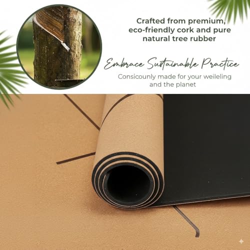Premium Cork Yoga Mat | Extra-Large 5mm Thick Mat with Natural Tree Rubber Base | Non-Slip Surface with Alignment Lines for Posture Support | Eco-Friendly, Durable & Comfortable for All Yoga Practices
