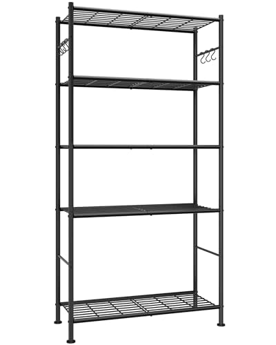 Sakugi Storage Shelves - 5-Tier Spacious Shelf Organizer with Hooks & Leveling Feet, Easy to Assemble, Rust-Resistant Garage Shelving for Kitchen, Pantry, Bedroom, 33.2" x 12.7" x 71.7", Black - color: Black, size: 33.2" x 12.7" x 71.7" (5T)