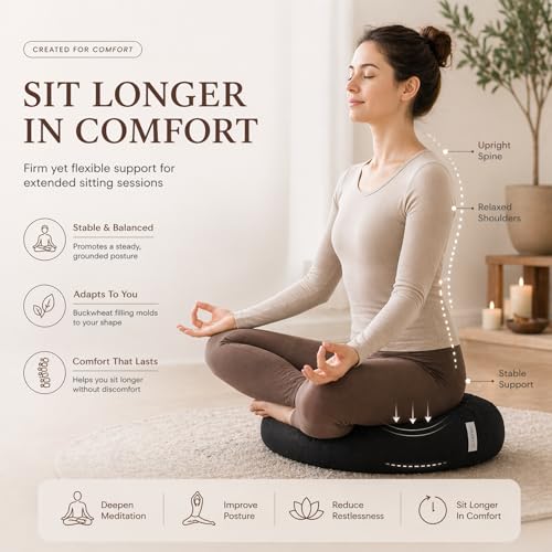 Meditation Cushion - 15" Buckwheat Pillow with Removable Cotton Cover and Carry Handle - Round Floor Cushion for Yoga, Meditation, Pilates, and Floor Sitting - Meditation Pillow by Cuvered