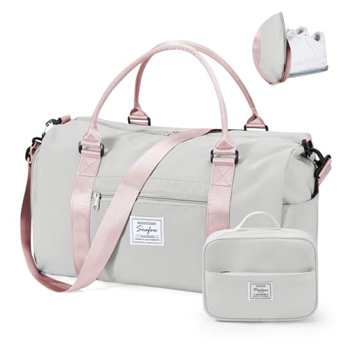 Gym Bag Womens with Shoes Compartment Travel Duffel Bag Grey Pink - color: B12-Grey&Pink+Toiletry Bag
